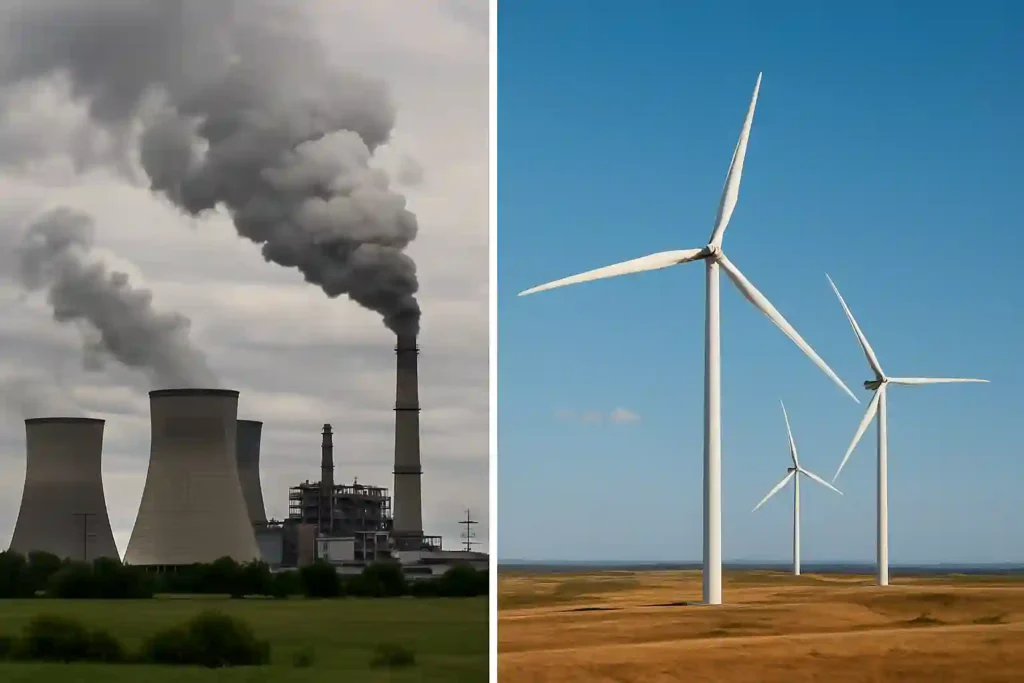 Comparison of traditional power generation (left) and renewable energy source (right). The left image shows a power plant with cooling towers and a smokestack emitting smoke, set amidst trees and grass. In contrast, the right image features three wind turbines in a field with dry, yellow grass under a clear blue sky.