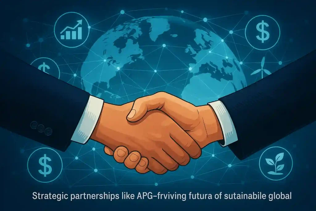Handshake:
The handshake is the central focus of the image.
It is depicted in a cartoonish style, with the hands being the primary elements.
The hands are shown in a firm handshake, conveying a sense of agreement or partnership.
Globe:
Behind the handshake, a globe is visible, representing the global nature of the partnership.
The globe is depicted in a blue hue, with a network of lines and nodes connecting different points on its surface.
Icons and Symbols:
Surrounding the globe are several icons and symbols, including:
A dollar sign ($)
A bar graph with an upward trend
A wind turbine
A plant or sprout
These icons represent various aspects of the partnership, such as financial growth, sustainability, and innovation.
Background:
The background of the image is a dark blue color, which provides a professional and corporate feel.
The overall design of the image suggests a focus on business, finance, and global cooperation.
Text:
At the bottom of the image, there is a line of text that reads: "Strategic partnerships like APG-frviving futura of sutainabile global."
The text appears to be a statement or slogan related to the partnership depicted in the image.
In summary, the image effectively conveys a sense of global cooperation and partnership through its use of a handshake, globe, and relevant icons and symbols. The design is professional and corporate, suggesting a focus on business and finance.