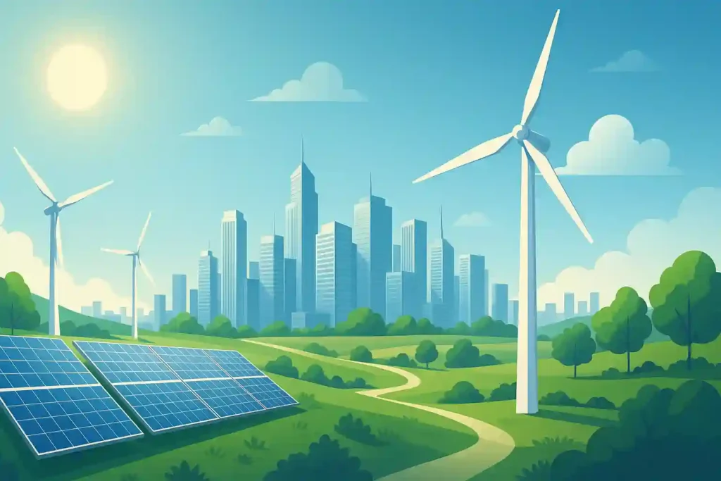 a solar panels and wind turbines in a city