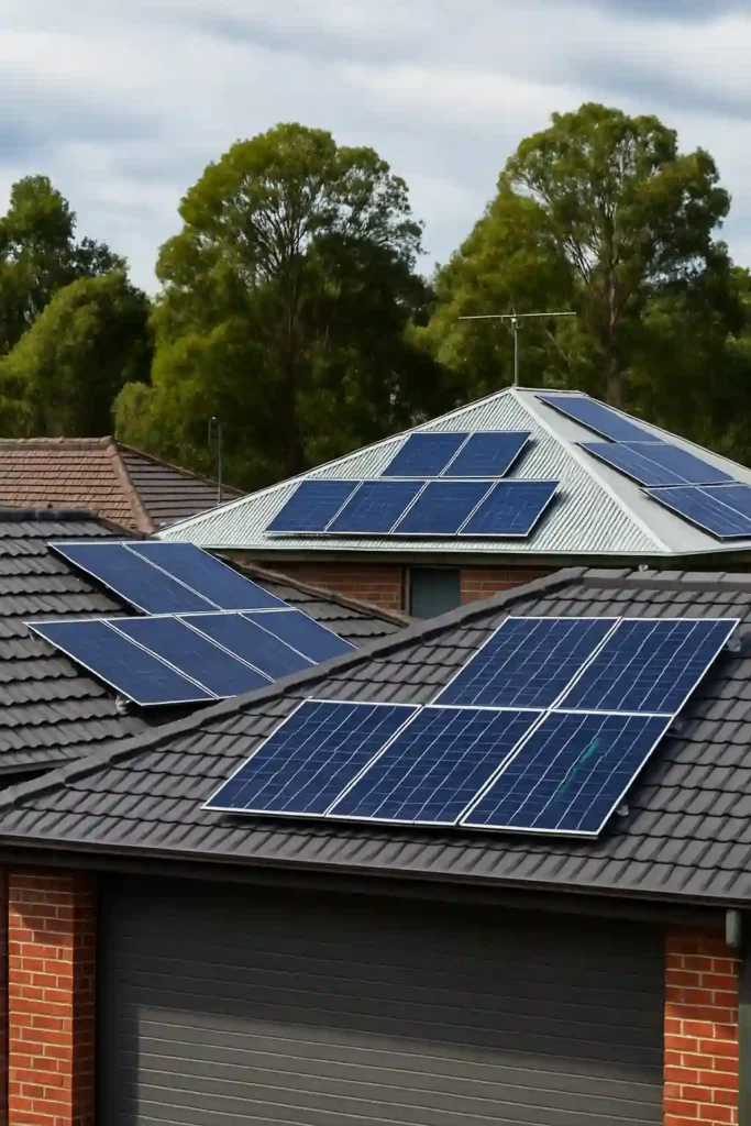The image depicts a residential scene with two houses featuring solar panels on their roofs. The house in the foreground has a dark gray garage door and red brick pillars, with a roof covered in dark gray tiles and multiple solar panels installed on it. The house behind it also has solar panels on its roof, which is made of corrugated metal. In the background, there are trees visible under a cloudy sky.
Here is an example of alt text for this image:
"Two houses with solar panels on their roofs, surrounded by trees under a cloudy sky."