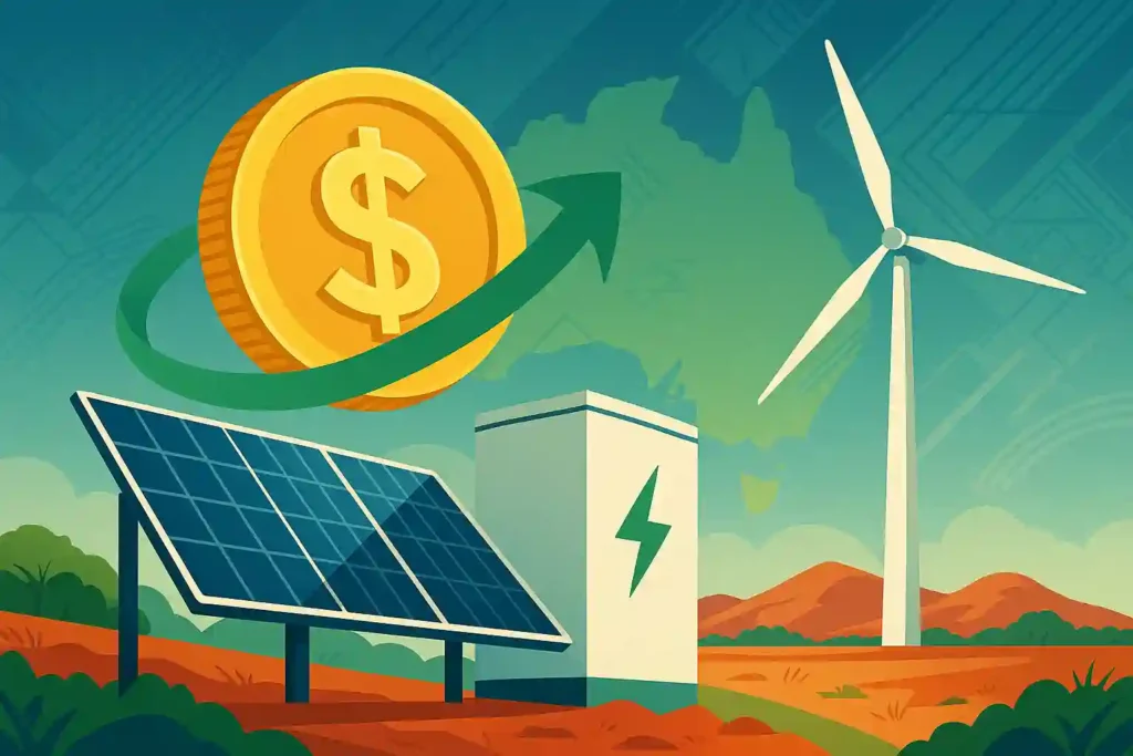 The image is a digital illustration that depicts a landscape with various elements related to renewable energy and finance. The main points of the image are: Solar Panel Located on the left side of the image Dark blue in color with a grid pattern Mounted on a dark blue stand Angled to face upwards towards the sky Battery Positioned in the center of the image Cream-colored with a green lightning bolt symbol on its front Rectangular in shape with a flat top Wind Turbine Situated on the right side of the image White in color with three blades Tall and slender, with a narrow base Dollar Coin Floating above the solar panel and battery Gold in color with a dollar sign ($) on its face Surrounded by a green arrow that curves around it Background Features a landscape with hills and mountains Sky is blue-green in color with clouds Overall atmosphere is one of sustainability and eco-friendliness The image effectively conveys the idea of investing in renewable energy sources, such as solar and wind power, and highlights the potential financial benefits of doing so. The use of a dollar coin and a green arrow suggests a positive return on investment, while the natural landscape and eco-friendly elements emphasize the importance of sustainability.