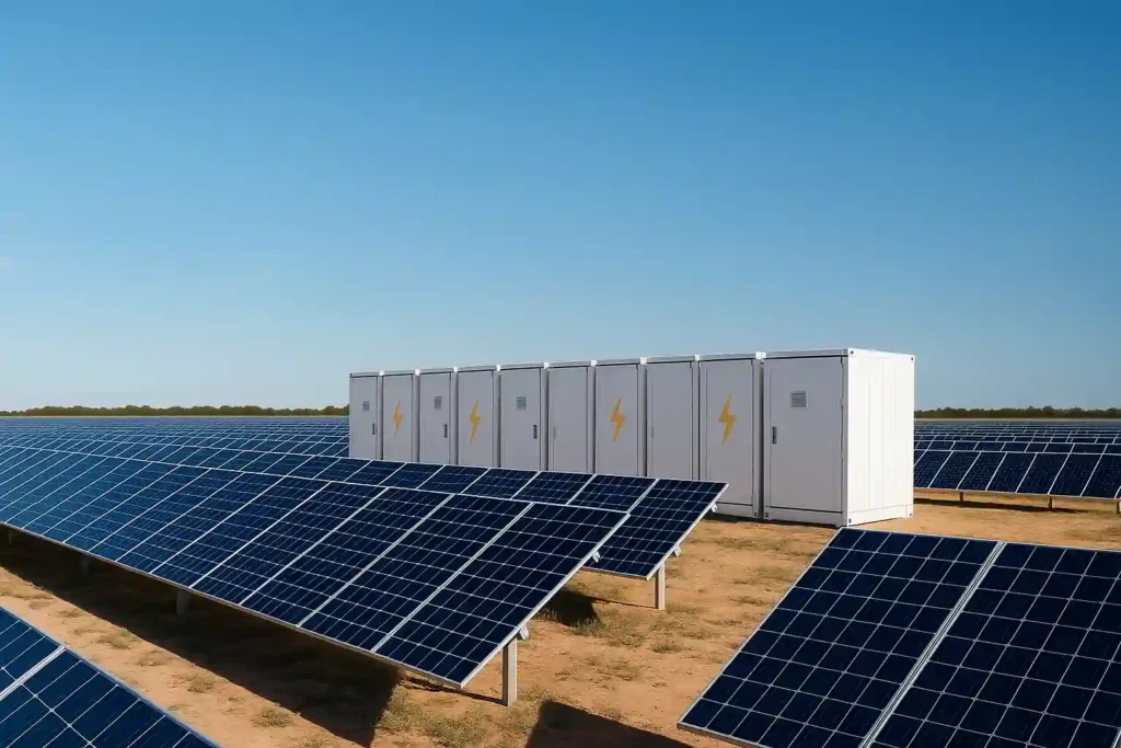 Large solar panel farm with rows of dark blue photovoltaic panels installed on metal frames, accompanied by a series of white electrical storage containers featuring yellow lightning bolt symbols, set against a clear blue sky and a dry, grassy terrain."
This alt text provides a concise and descriptive summary of the image, conveying the main elements and context of the scene.