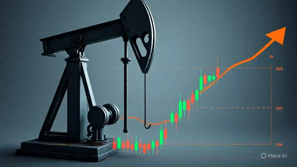 Alt text for the image could be: "A black oil pump jack on the left with a rising orange trend line and candlestick chart on the right showing an upward trend in prices against a blue-grey background." This alt text describes the main elements of the image for accessibility purposes.